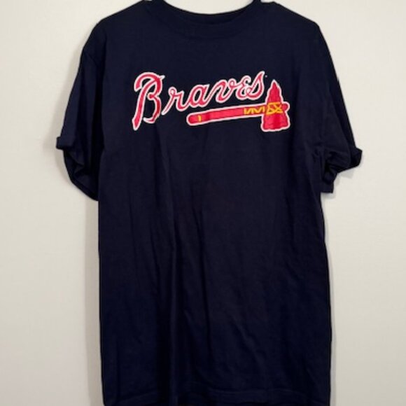 USED Woman's Majestic Short Sleeve T Shirt Atl Braves #10 Jones Color Navy Sz L - Picture 1 of 2